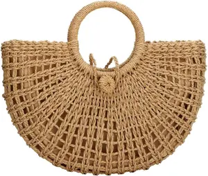 Straw Bags for Women,Hand-woven Straw Top-handle Bag with Round Ring Handle Summer Beach Rattan Tote Handbag