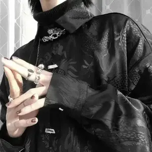 Men’s Chinese-Style Jacquard Silk Shirt with Dragon Motif, Casual, Matte Black, Metal Buckle, Neutral Fit