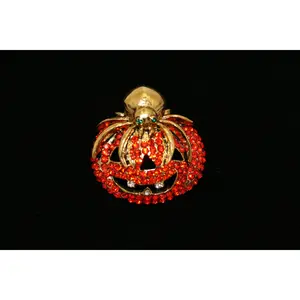Rhinestone Halloween Orange Pumpkin with Spider Crystal  Pin Brooch, Crystal Pumpkin Brooch, Crystal Spider Pin