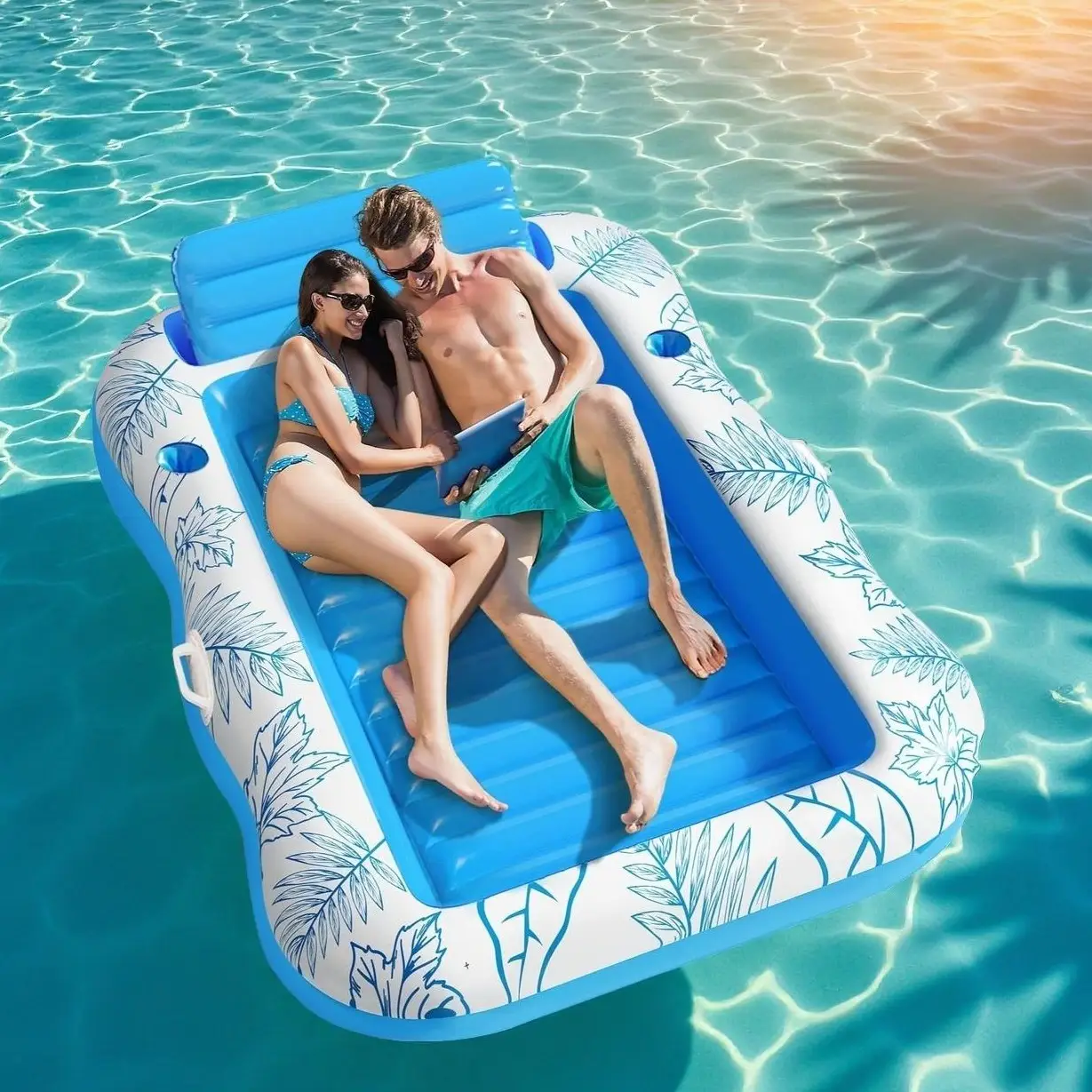 Inflatable Pool Lounger Float with Cup Holder - Large Blow Up Raft for Sunbathing Swimming Relaxing in Pool River or Lake Comfortable Water Lounge Mat