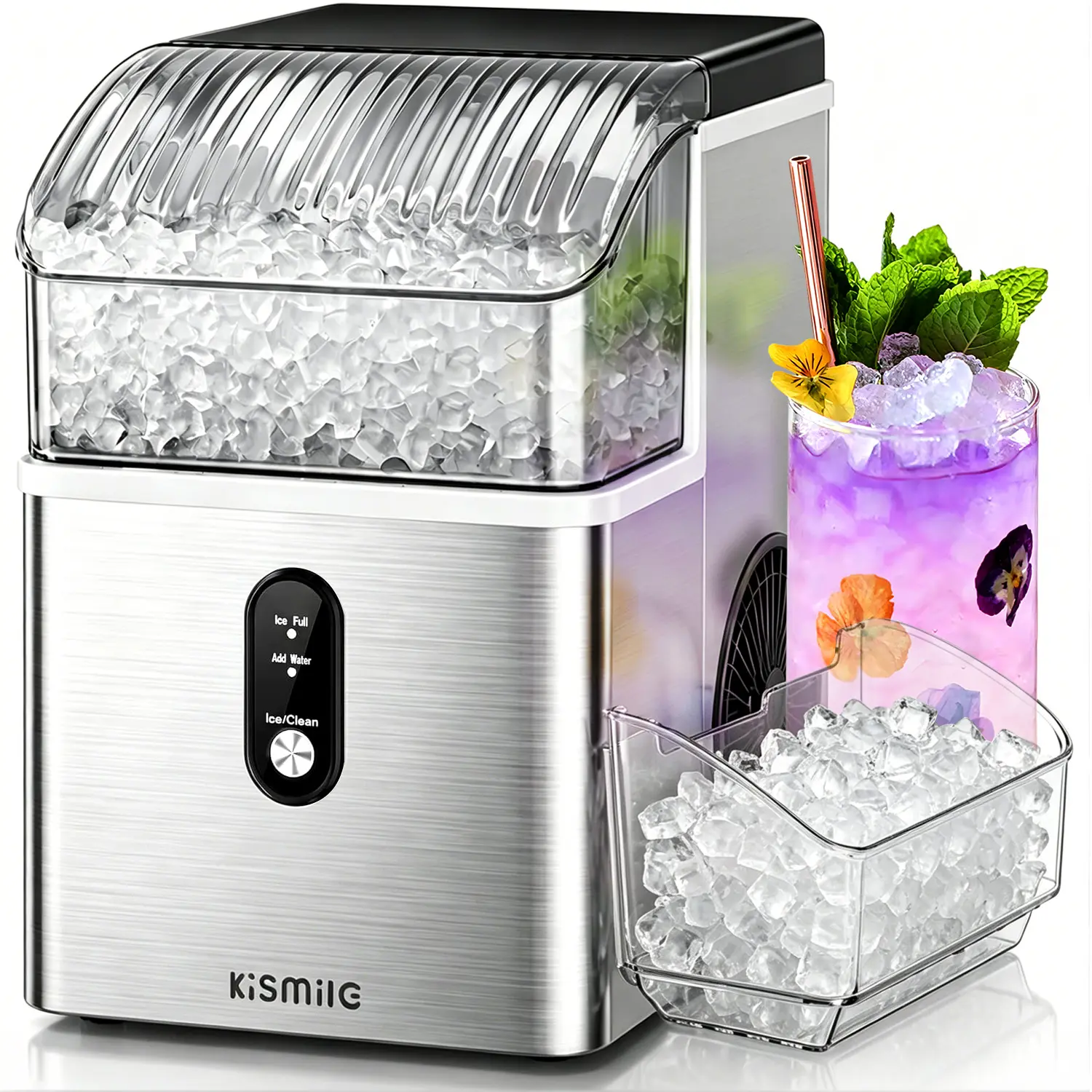 Kismile Countertop Nugget Ice Maker, 35Lbs/24H Fast Ice Making, 7 Mins Quick First Ice, Self-Cleaning Pebble Ice Machine with 1.2L Water Tank, Portable Ice Maker for Home Kitchen Office Bar, Silver,home essentials