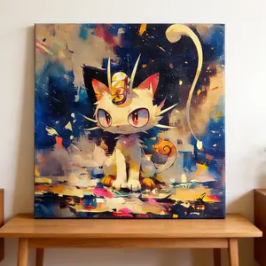 Meowth Pokemon Abstract Canvas Print - World of Poke Art Board, Modern Anime Wall Decor, Trendy Aesthetic Poster for Bedroom, Living Room & Dorm