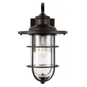 JONATHAN Y Westfield Iron/Seeded Glass Rustic Industrial Cage LED Outdoor Lantern; for Living Room, Bedroom, Kitchen, Office