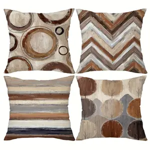 Boho Geometric Decorative Pillow Covers Set, Bohemian Style Fashion Abstract Modern Home Decoration, Zippered Polyester Cushion Cases for Living Room & Bedroom, Zipper Closure