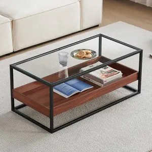 Glass Coffee Table for Living Room, Black Walnut Table, 39.2" D x 19.5" W x 15.7" H, Clear Glass Top, Walnut  Panels&Black Metal Frame