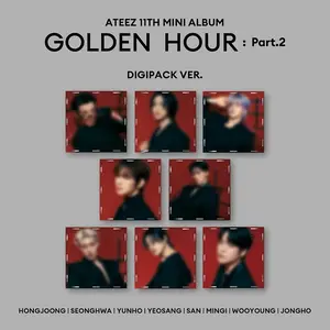 ATEEZ – GOLDEN HOUR : Part.2 [Digipack] — Member Cover Photobook + CD + Slide Film + Random Photocard (1/8) + Logo Sticker + Bookmark.