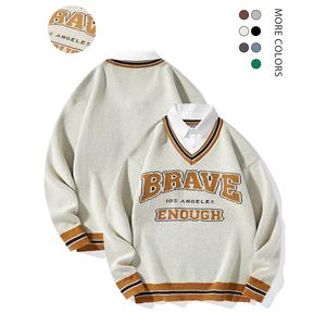 Men's 2-Piece Retro Striped Preppy Mock V-Collar Knit Sweater Set - Loose Casual Full-Sleeve Jumper, Letter-Print Seasonal Base Top, Button-Adorned, Full-Length, Long, Medium-Length, Multi-Size Men's Pullover, Button-Adorned Men's Pullover