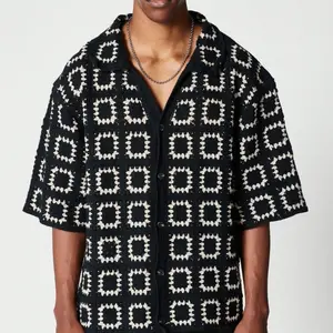 Summer Essential Men's Dark Green Colorblock Knit Short-Sleeve T-Shirt with All Over Print Loose Fit Casual Vacation Wear Tops Button Up