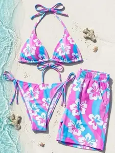 Pink Blue Hibiscus Floral Couples Matching Swimsuit Set Women Triangle Tie Bikini Men Board Shorts Hawaiian Y2K Aesthetic Summer Beach Vacation Outfit