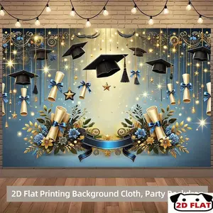2D Flat Banner Polyester Photography Backdrop, HD Digitally Printed with Blue and Gold Graduation Theme, featuring Caps, Diplomas, Stars, and Elegant Floral Patterns, Soft Lightweight Foldable Background Cloth for Graduation Party