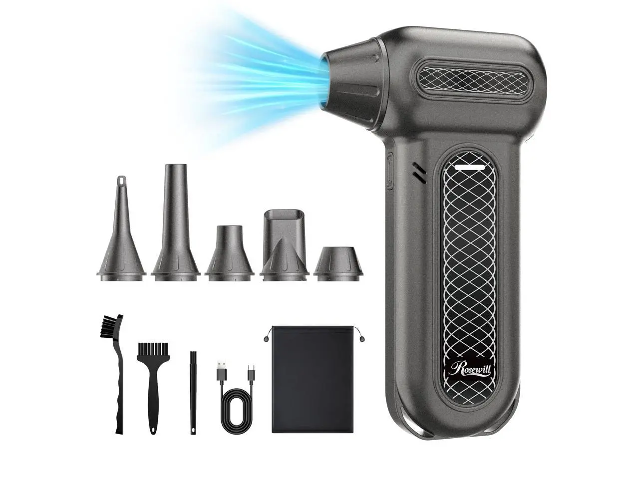 Rosewill Electric Air Duster - 130,000 RPM Super Power Cordless Compressed with Turbo Mode, 4-Gear Adjustable Mini Blower with Fast Charging, Inflation and Suction, Dust Blower for Computer, Keyboard - Black
