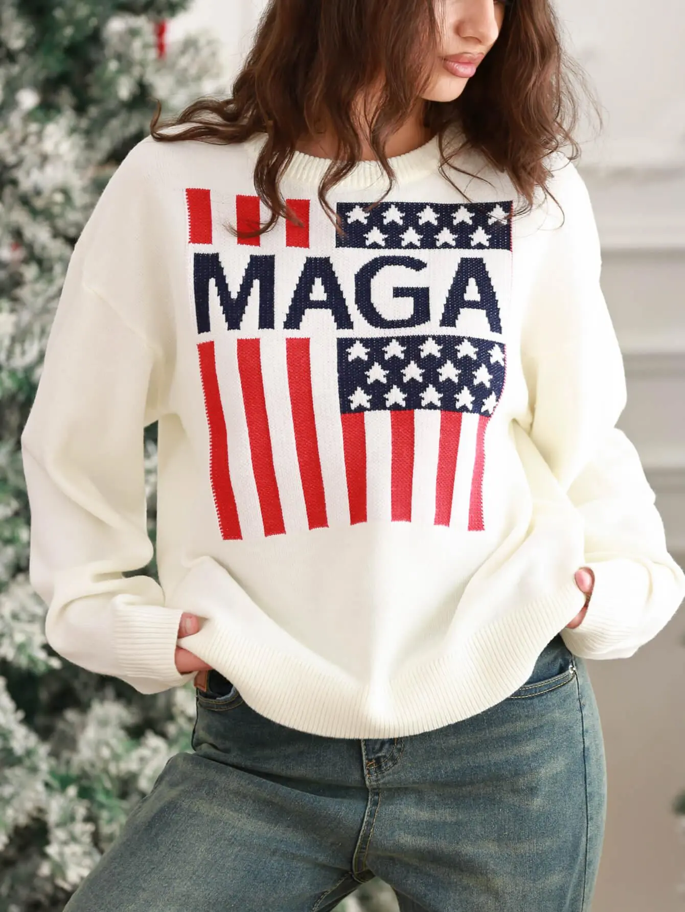 Women's Patriotic USA Flag Knit Sweater Oversized Long Sleeve Pullover with MAGA Graphic Crewneck American Flag Pattern for Holiday Casual or Statement Wear Cozy Soft Knit Available in Black and White for Bold Everyday Style Womenswear Knitwear
