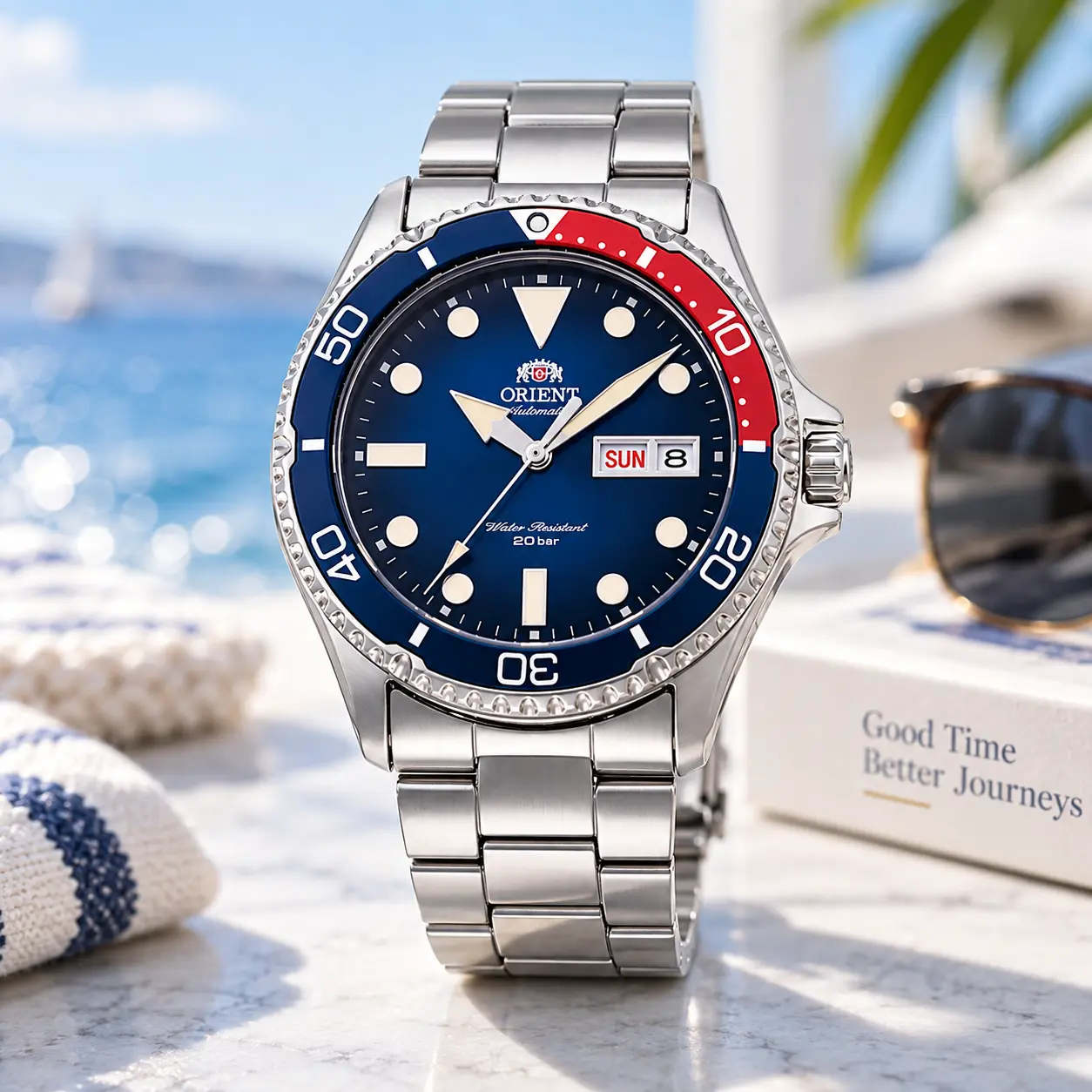 Orient Men's Round Fully Automatic Mechanical Diving Watch, Stainless Steel Bracelet, Day-Date Function, 20 Bar Water Resistant Fashionable Stylish Casual Sports Wristwatch, Diving Watches