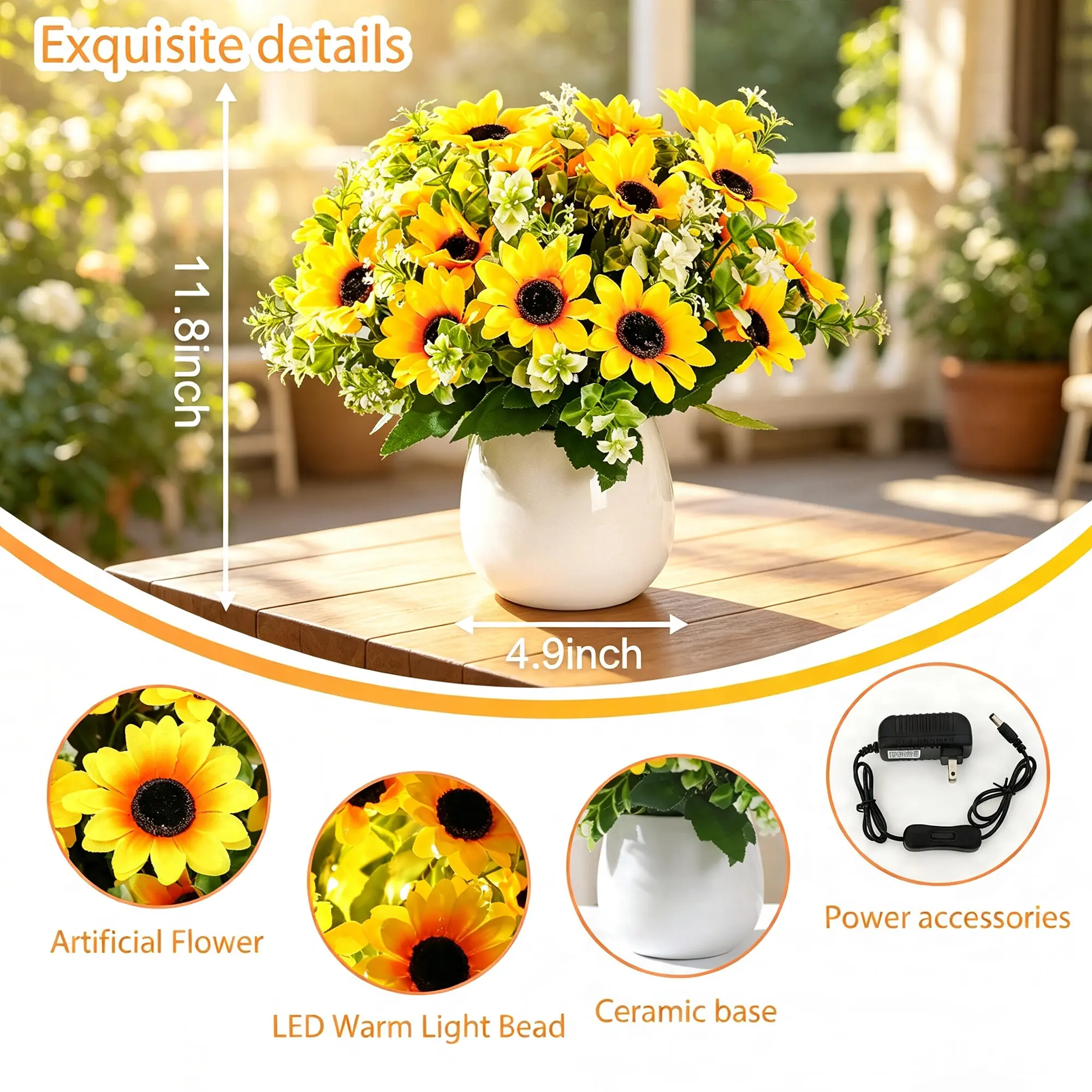 LED Artificial Sunflower Flower Lamp, Plug-in Flower Vase Table Lamp, Warm Light Decorative Night Light for Bedroom Living Room, Creative Gift for Birthday Christmas Housewarming