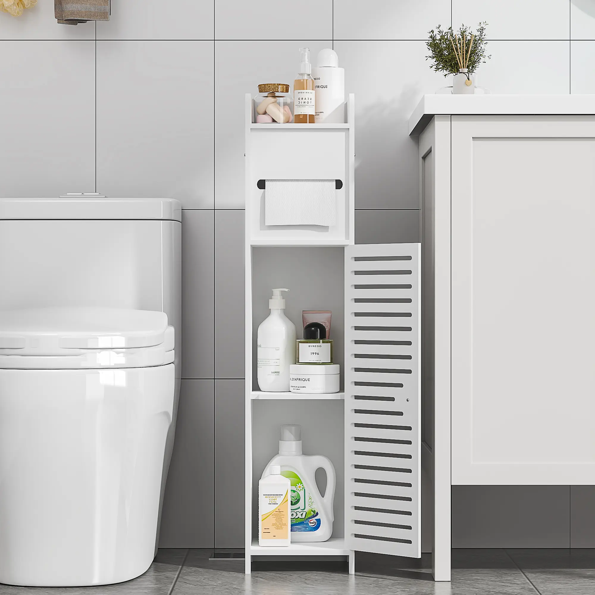 VECELO Storage Cabinet for Small Spaces, Over The Toilet Cabinet for Skinny Bathroom Storage Corner Floor, Slim Paper Cabinet with Doors & Shelves (White)