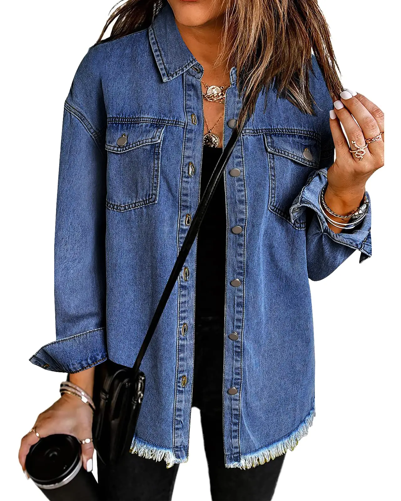 Zeagoo Jean Jackets for Women Ripped Fringe Denim Jean Jacket Casual Long Sleeve Pockets Jackets Coat christmas  denim bomber jacket Fabric summerwins