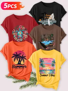 5Pcs Women's Crew Neck T-Shirts, Hawaiian Summer Beach Series Print, Multiple Colors Available, Machine Washable, Spring & Summer Tops, Soft Skin-Friendly Fabric, Daily Versatile, Fashion Design