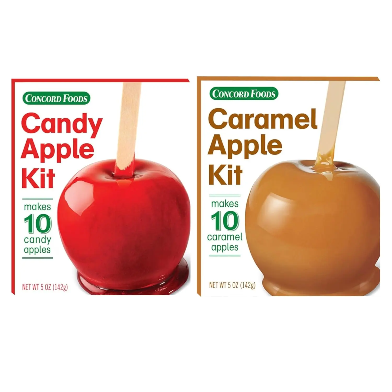 Concord Foods Caramel Apple & Candy Apple Kits: Fall Favorite Treat - Indulge in Chewy Caramel Apples & Classic Red Candy Apples! Makes 10 per Box, 5 oz (Pack of 2)