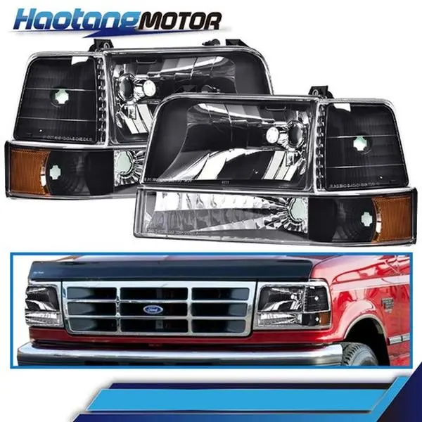 CROSSDESIGN Easy-Install Bolt-On Car Headlights with Corner Signal Lamps Pair Set - Vehicle Specific Direct Fit for 92-96 Ford F-Series F150 F250 F350 Bronco (2-Door Sport Utility, Extended Cab, 4-Door Crew Cab)