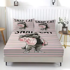 Striped cat pattern bed sheet, comfortable printed pattern, including 1 bed sheet and 2 pillowcases, comfortable bedding, non slip dust cover suitable for bedrooms and guest rooms, suitable for children or adults as giftsGift