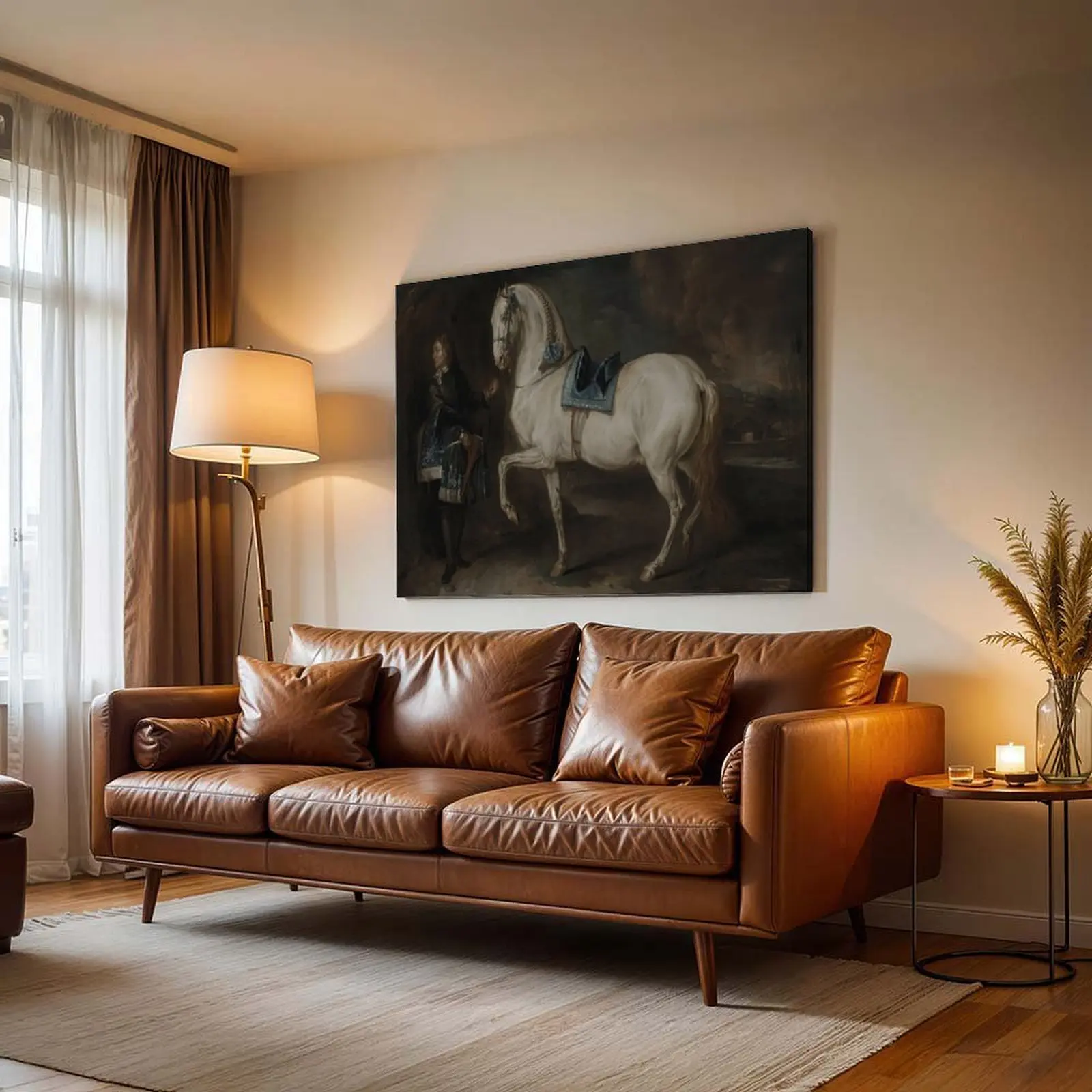 Artistic Single Classical White Horse with Groom Printed Oil Painting Canvas Poster, Vintage Royal Equestrian Portrait Wall Art, Dark Academia Antique Decoration for Study, Ready-to-Hang Gift for Horse Lovers