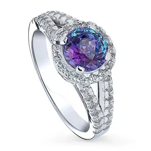 BERRICLE Sterling Silver Halo Kaleidoscope Cocktail Split Shank Ring for Women, Purple Aqua Round Cut Cubic Zirconia CZ