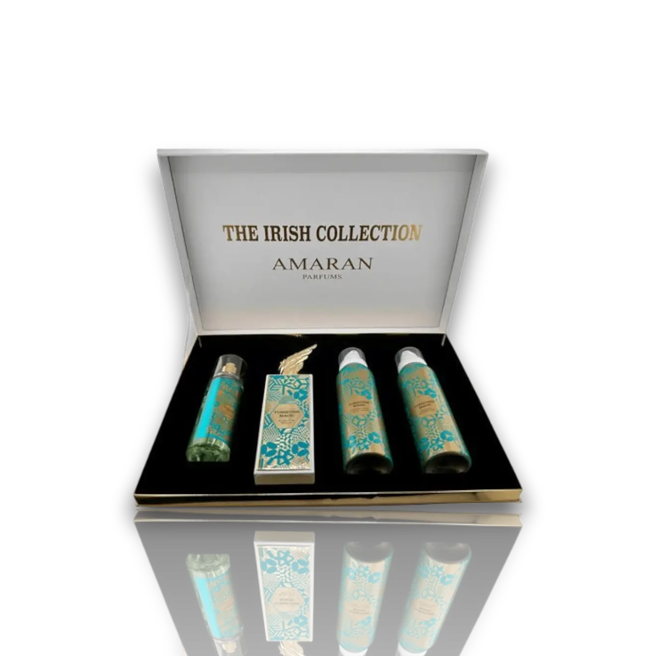 Amaran Parfums | The Irish Collection | Turquoise Magic | Unisex Fragrance | 85 ML - 100 ML | Extrait De Parfum + Body Lotion + Shower Gel + Body Mist | Mango - Clementine & Lemon,