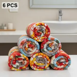 Polyester fiber Floral Print Soft Face Towel, 6 Counts Absorbent Coral Velvet Bath Square, Multifunctional Towel for Home Use, Flower Multicolor Kitchen