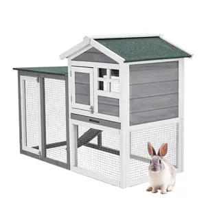 Garvee 48'' Bunny Hutch Indoor with 1 Leak-proof Trays, Waterproof Roof Rabbit Hutch Indoor/Outdoor, 2-Tier Wooden Bunny House, Gray and White