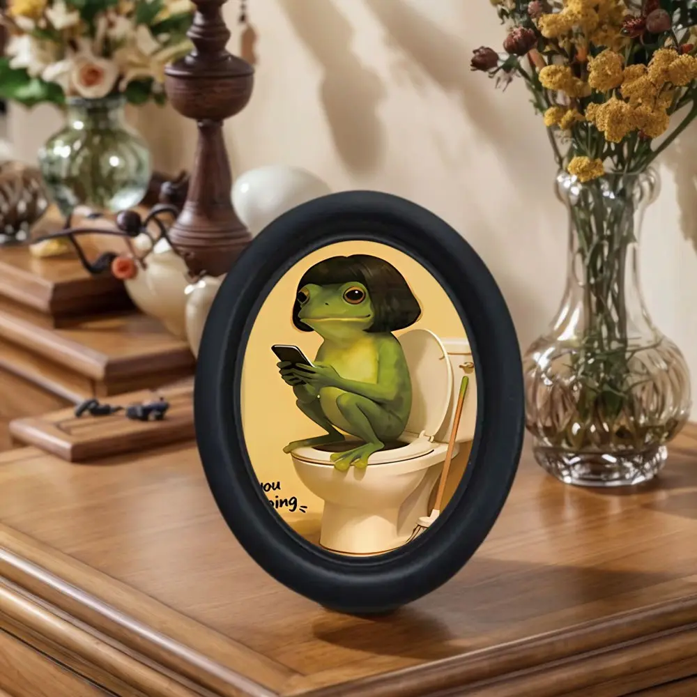 Funny Humorous Frog Sitting on Toilet Wall Art, Framed Mini Wooden Hanging Decor, Unique Home Kitchen Office Decoration, Wall Decor Pictures, Fun Gift, Holiday Gift, Bathroom Pictures Wall Decor, Decoration Items