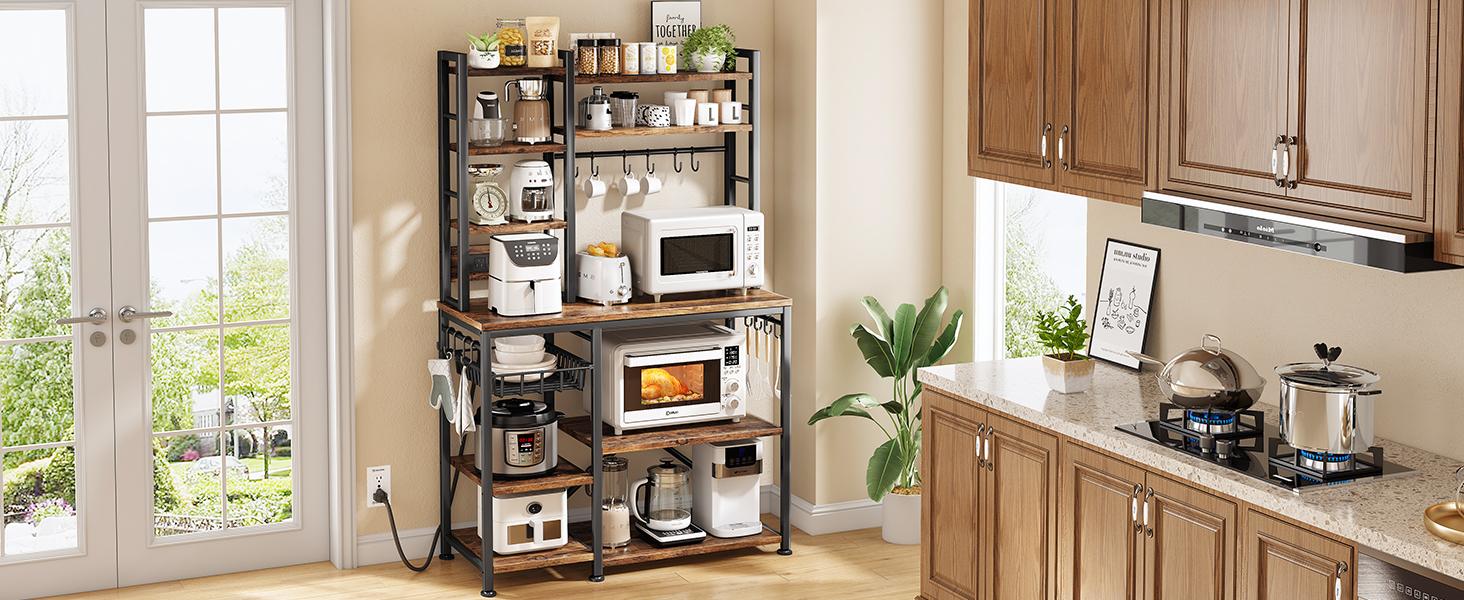 SNTD Baker Rack with Power Outlet - Microwave Stand with Storage, Large Coffee Bar Station with 14 Hooks, Metal Kitchen Shelf Rack for Spices, Pots (Rustic Brown) | with Power Outlet, with Storage, with 14 Hooks, for Spices, for Pots