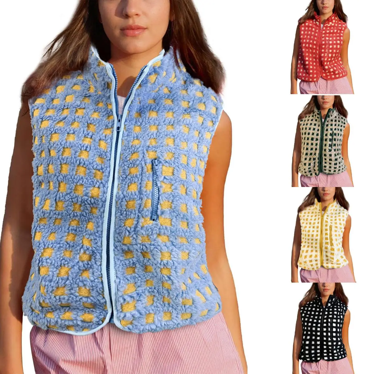 Naeduo Women's Oversize Loose Fit Checkered Sherpa Vest - High Neck, Zip-Up, Sleeveless Winter Fleece Gilet with Chest Pocket for Lady Outfits, Tops, Casual, Collared