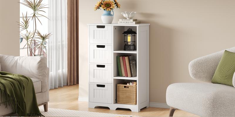 Wooden Bathroom Floor Cabinet, Side Storage Organizer with 4 Drawers, 1 Cupboard & 2-Shelves, White