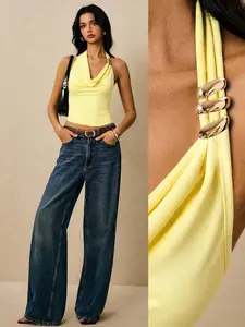 Elegant Metal Decorated Halter Top, Slimming Fit Draped Design, Comfortable Women's Tank Top, Solid, Perfect for Daily Commute Wear