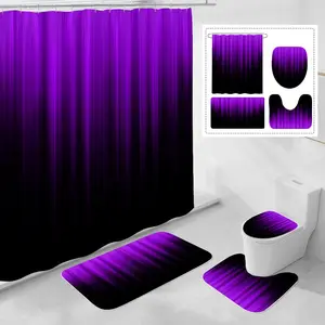 4 count Purple and Black Gradient Shower Curtain Set with Rugs and Toilet Lid Cover, Modern Simple  Fabric Bathroom Set, Ombre Stripe Gothic Abstract Bathroom Decor Set Accessories