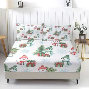 3-piece Christmas snowman pattern fitted sheet, including 1 bed sheet and 2 pillowcases, comfortable bedding with anti-slip dust cover suitable for bedrooms and guest rooms,perfect for personal use or as a Christmas gift