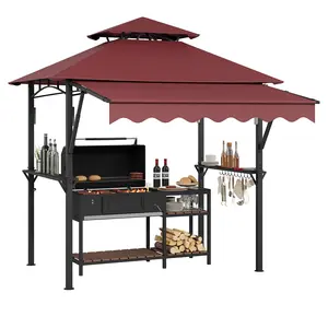 8x5 ft Grill Gazebo with Extra Large 7x3 ft Awning, 2-Tier BBQ Gazebo with Shelves, Hooks & LED Lights, Metal Frame Outdoor Grill Canopy for Backyard Garden Poolside