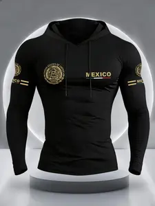 Men's Mexico Flag Eagle Print Hooded Long Sleeve T-Shirt, Comfortable Elastic Fabric, Casual Outdoor Fitness Sportswear, Casual Athletic Apparel