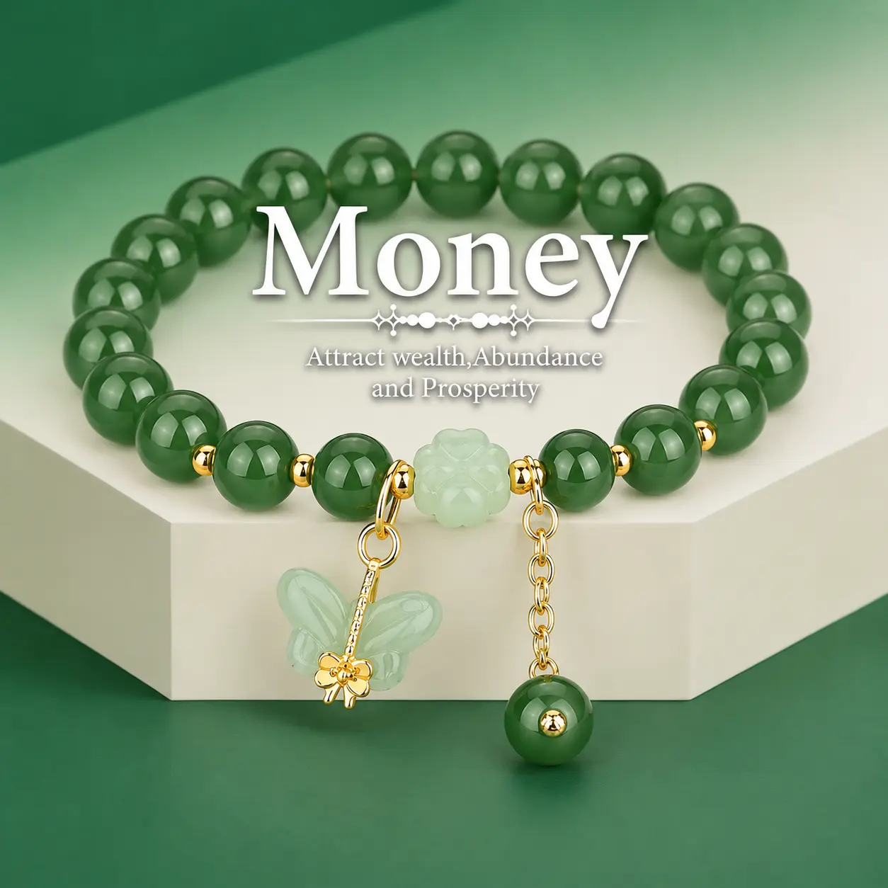 Money Magnet! Lucky Green Dongling Jade Butterfly Bracelet - Prosperity and Blessing Crystal Pendant. An ideal choice for holiday gifts and daily wear.
