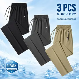 3-Pack Men’s Quick-Dry Pants Elastic Drawstring Waist Zipper Pockets Casual Cool Comfort Pants