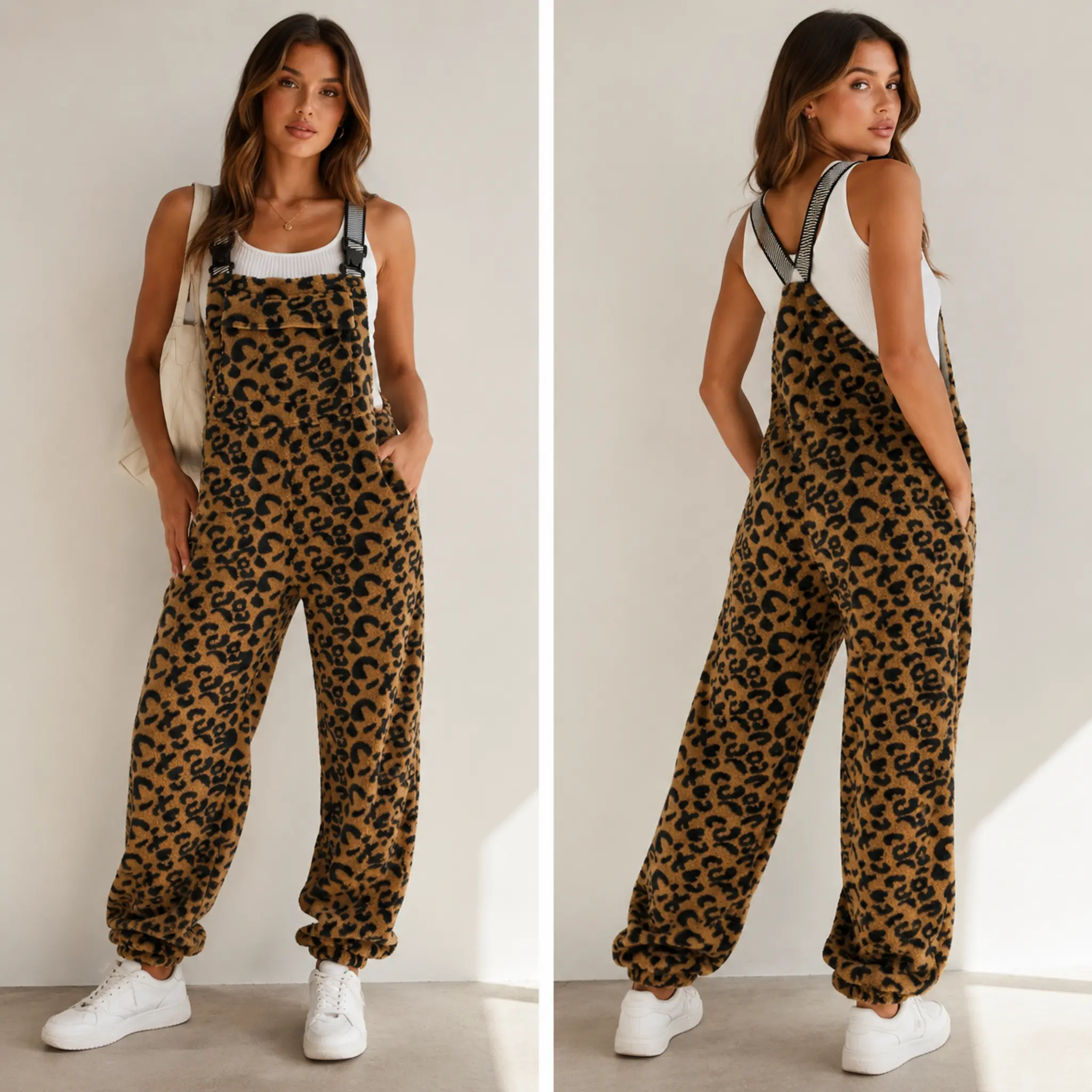 Molitree Women's Leopard Print Sherpa Fleece Overalls Cozy Relaxed Fit Winter Bib Pants with Adjustable Straps and Pockets Casual Warm Jumpsuit