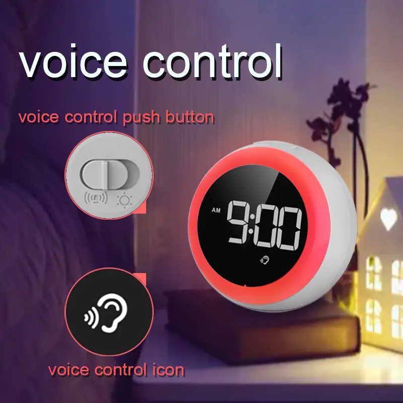 2025 fashion design smart table clock digital alarm clock voice control colorful nightlight on/off LED display with snooze function