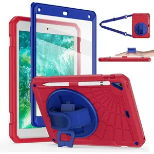 Case for iPad 6th/5th Generation 9.7'' with Screen Protector Pencil Holder [360 Rotating Hand Strap] &Stand, Drop-Proof Case for iPad 6th/5th/ Air 2/ Pro 9.7-Red+Blue