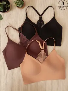 3 Piece Women's Seamless V-Neck Wire-Free Lace Racerback Bra (Sizes S-XL) – Adjustable Thin Straps – Black/Dark Brown/Light Brown/Apricot/White – Suitable for Daily/Date/Commute