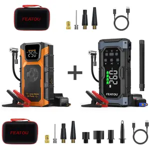 FEATOU Portable car jump-starting device, model V2+V8, designed to solve your daily problems, featuring inflation, lighting, charging, and emergency vehicle starting functions.
