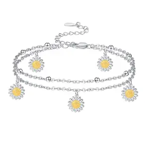 Daisy Chain Sunflower Anklet Earrings Long Lariat Flower Pendant Necklace Sterling Silver Women Jewelry Set