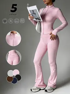 womens' plain-colored zipper jacket and side-pocket leggings sports set, Sporty Set, Workout gym clothing, featuring thumbholes for comfort and side pockets for storage, high waist with a hip lift, suitable for gym workouts and daily casual wear