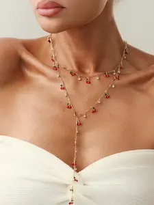 Vintage Metal Cherry Dripping Cherry Detail Y-Shaped Long Necklace Set, Alloy Chain Material, Elegant Rhinestone Pendant Necklaces for Women, Perfect Gift for Friends, All Seasons Wear