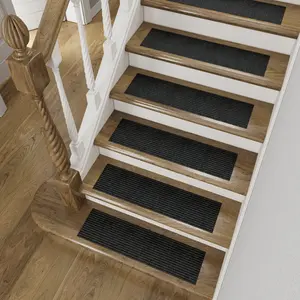 Non-Slip, Non-Adhesive, Heavy-Duty, Waterproof, Washable, And Stain-Resistant Stair Treads With Extra-Grip TPR Backing And Dirt-Capturing Grooves For Commercial And Residential Use. 8X30 in.