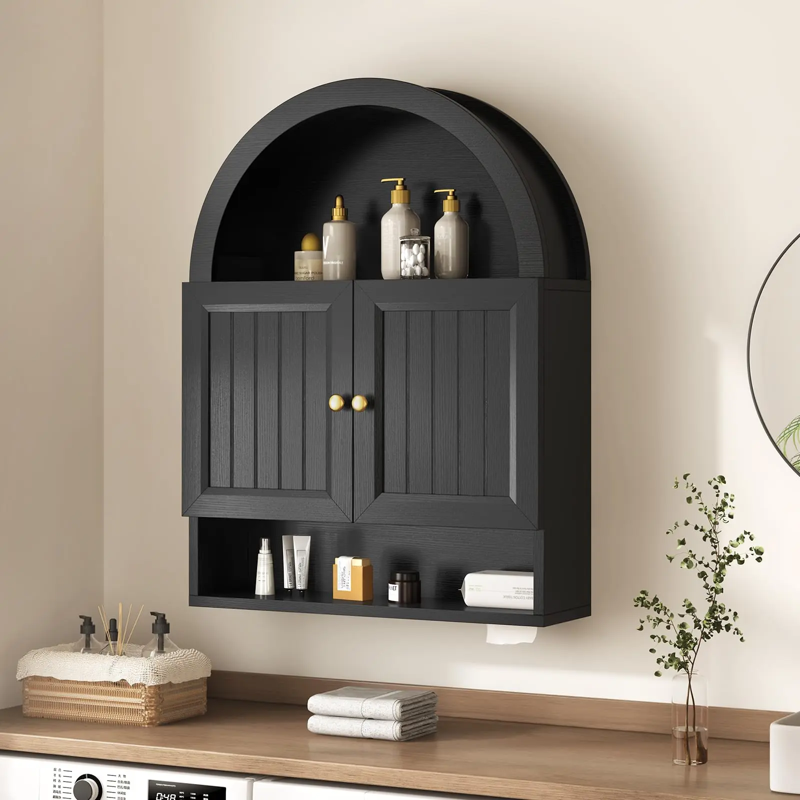 Arched Bathroom Cabinet, Over The Toilet Storage Organizer with Grille Door & Adjustable Shelf, Farmhouse Wall Mounted Medicine Cabinet for Bathroom, Laundry, Kitchen (Black, 36IN)